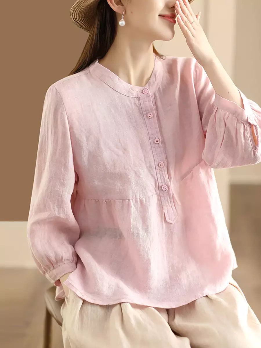 Women Retro Solid Spring Pullover Linen Shirt KL1030