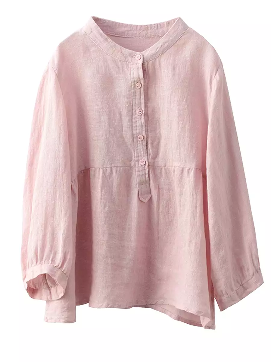 Women Retro Solid Spring Pullover Linen Shirt KL1030