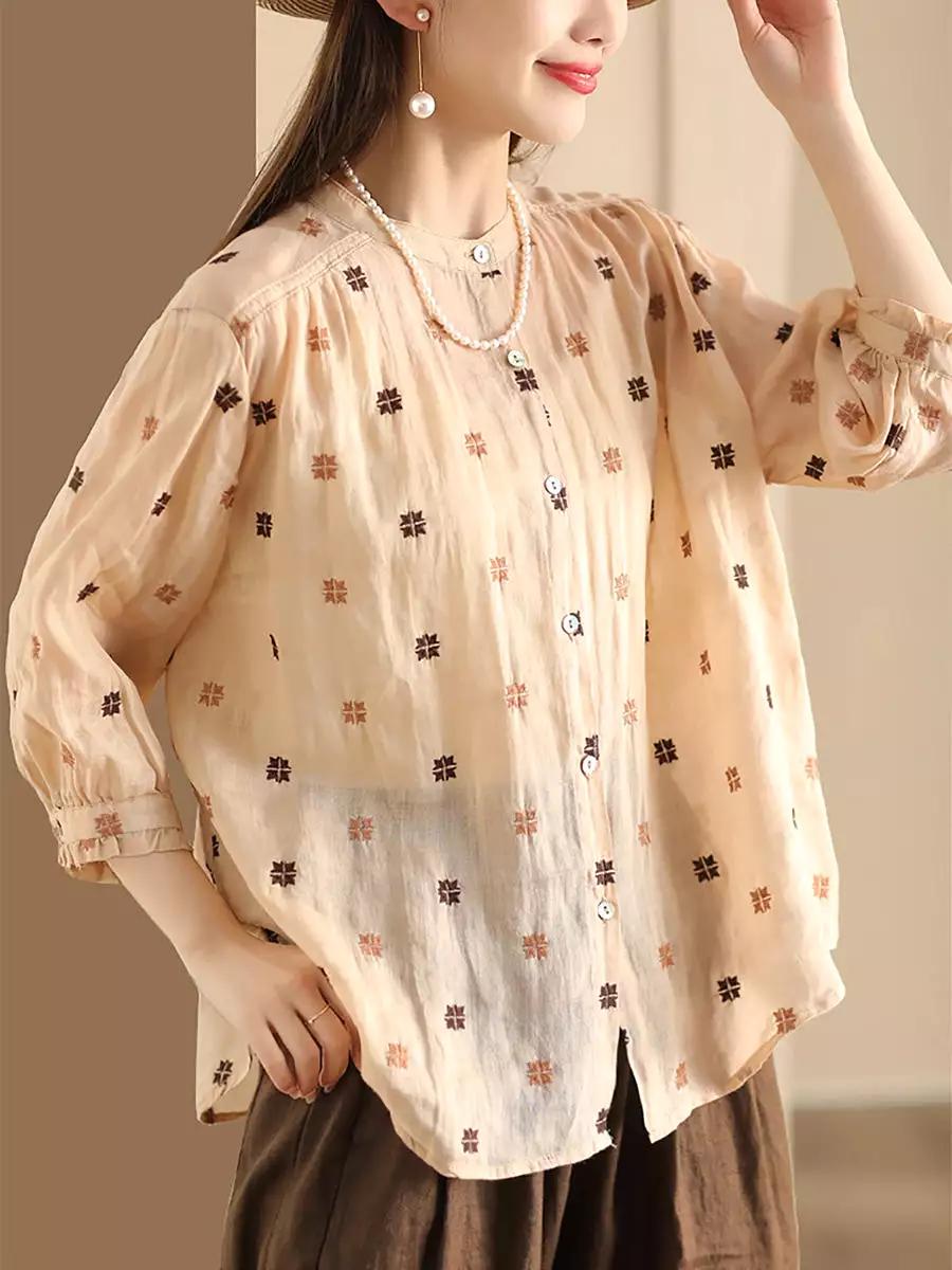 Women Spring Floral Embroidery Linen Button-Up Shirt CO1010