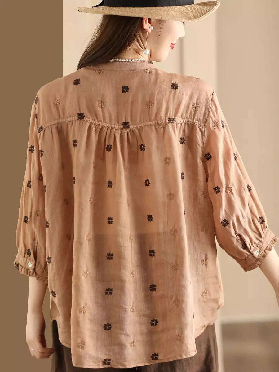 Women Spring Floral Embroidery Linen Button-Up Shirt CO1010