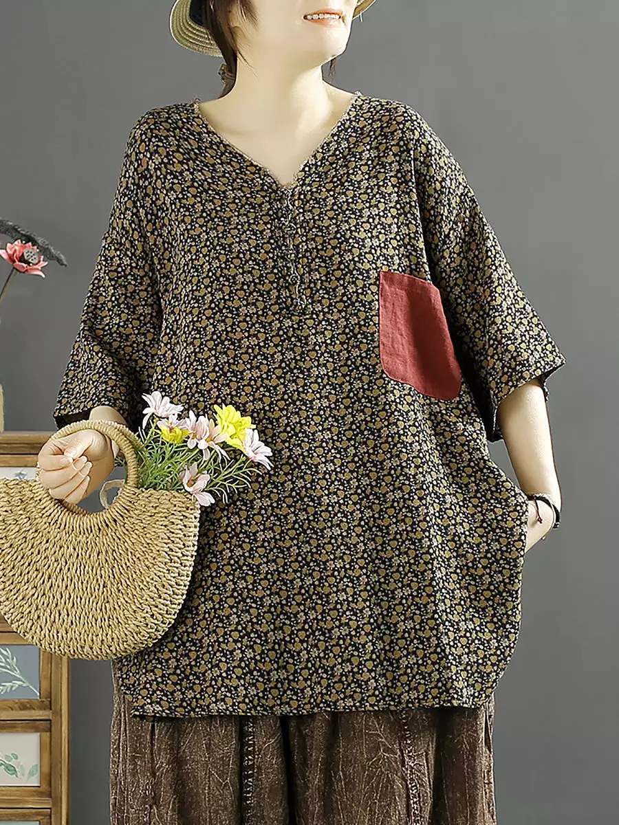 Women Summer Artsy Floral Spliced V-Neck Cotton Shirt KL1010