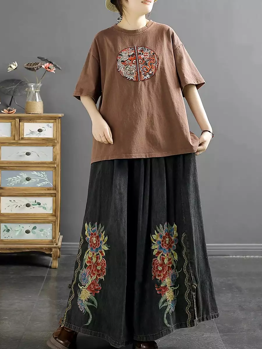 Women Summer Artsy Flower Embroidery Wide-leg Denim Pants CO1043