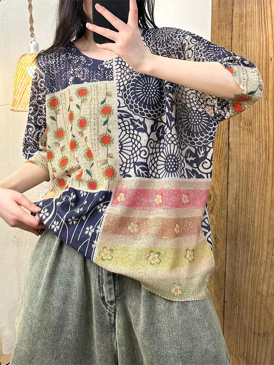 Women Summer Artsy Flower O-Neck Shirt PA1007