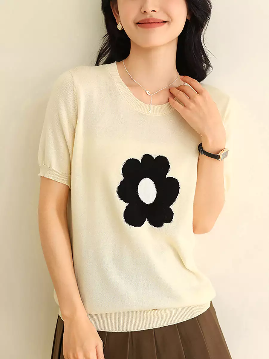 Women Summer Casual Flower Knitted Shirt KL1038