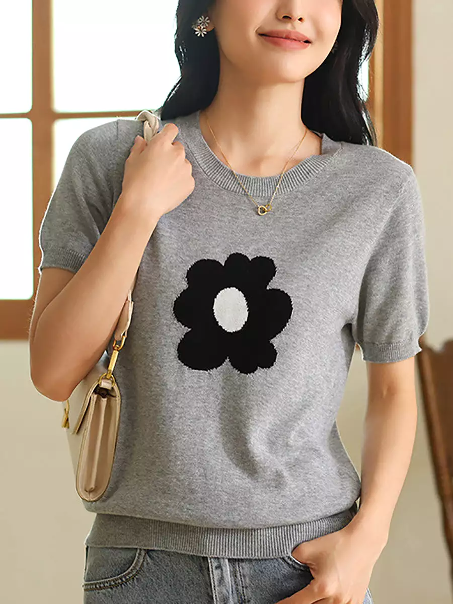 Women Summer Casual Flower Knitted Shirt KL1038