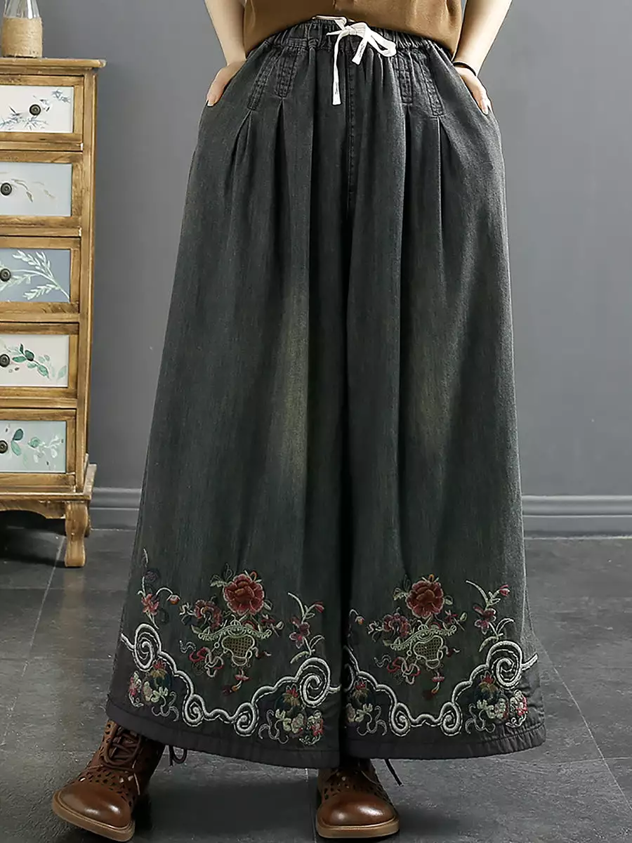 Women Summer Ethnic Embroidery Denim Wide-leg Pants SC1045