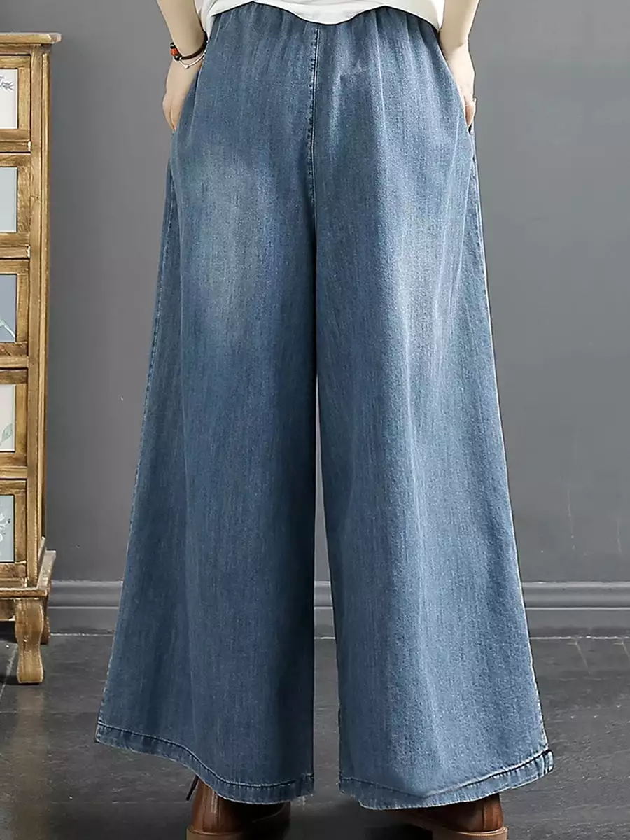 Women Summer Ethnic Embroidery Denim Wide-leg Pants SC1045