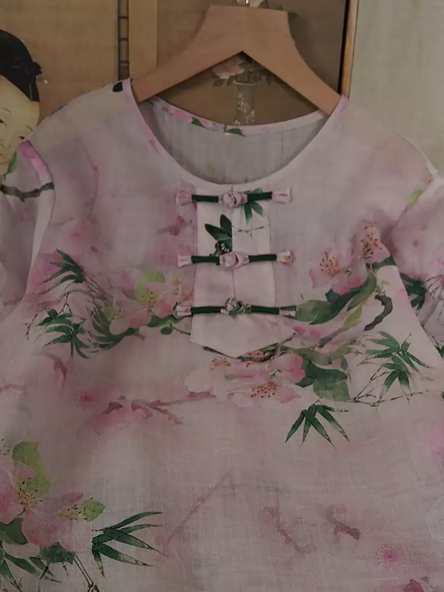 Women Summer Ethnic Flower Ramie Buckle Shirt PA1015