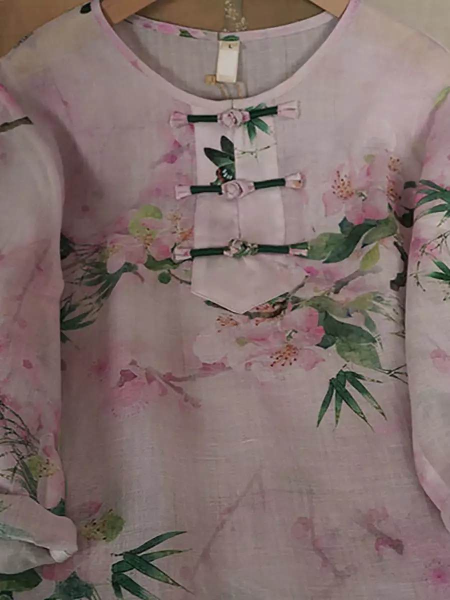 Women Summer Ethnic Flower Ramie Buckle Shirt PA1015