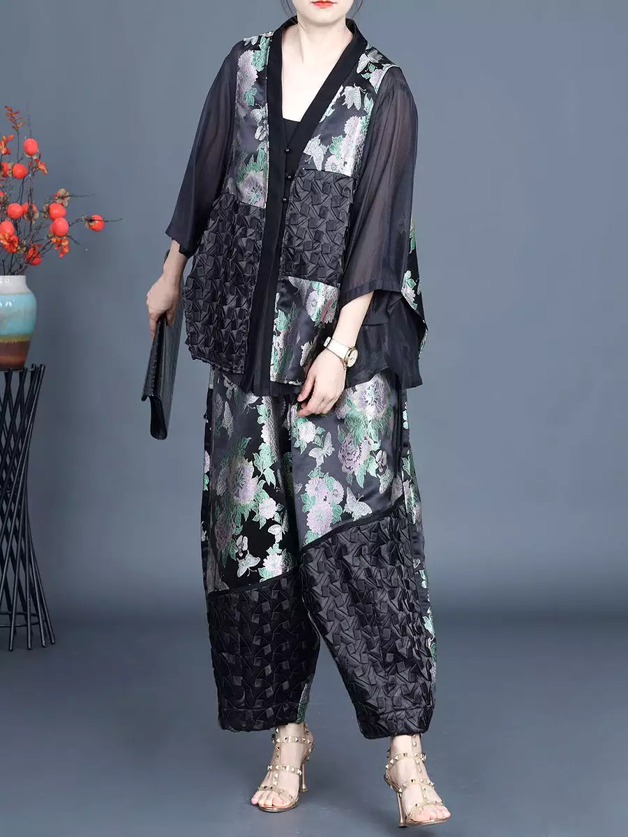 Women Summer Ethnic Flower Spliced Shirt+Pants KL1015