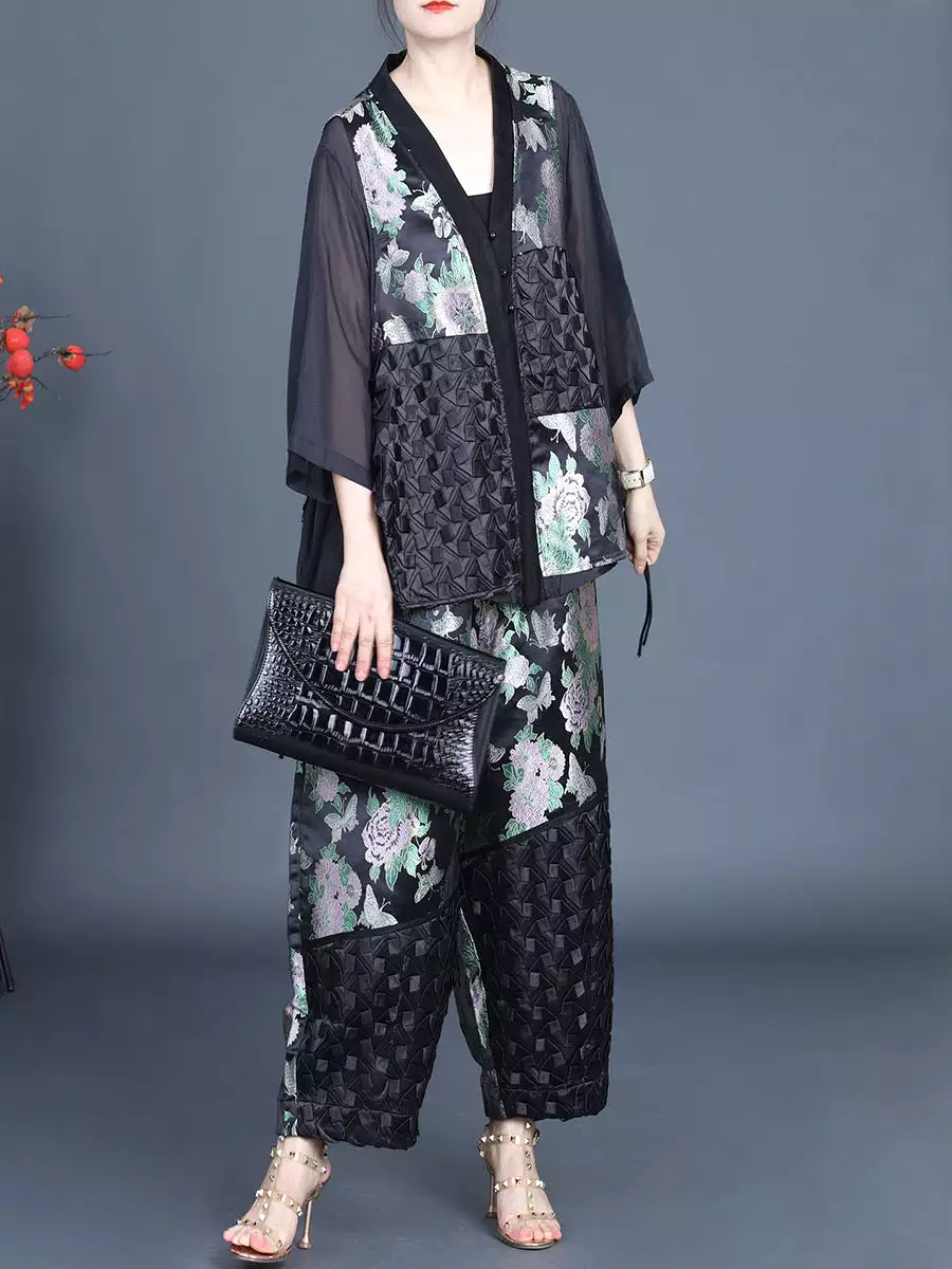 Women Summer Ethnic Flower Spliced Shirt+Pants KL1015