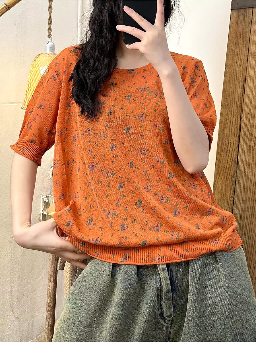 Women Summer Floral Knitted Thin Linen Shirt KL1006