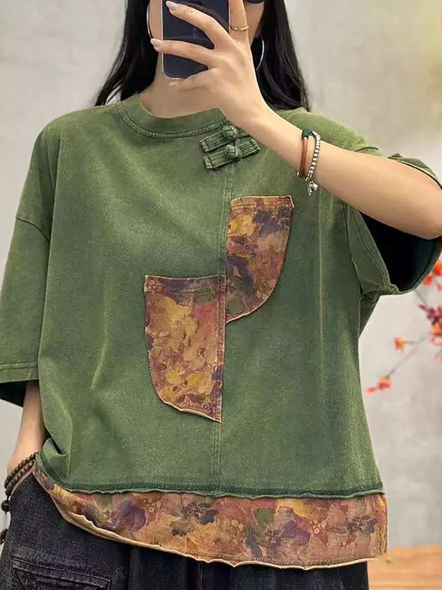 Women Summer Spliced Retro Cotton Shirt PA1017