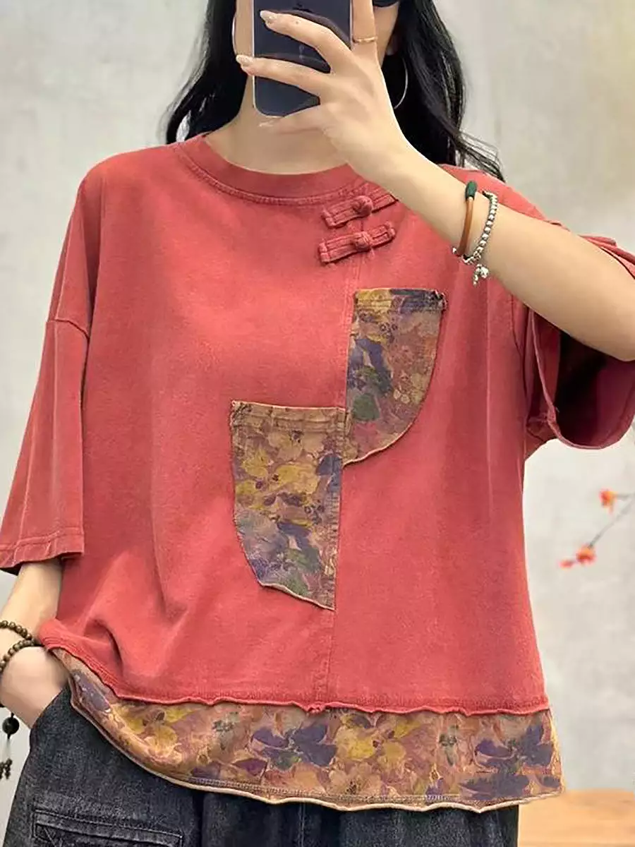 Women Summer Spliced Retro Cotton Shirt PA1017