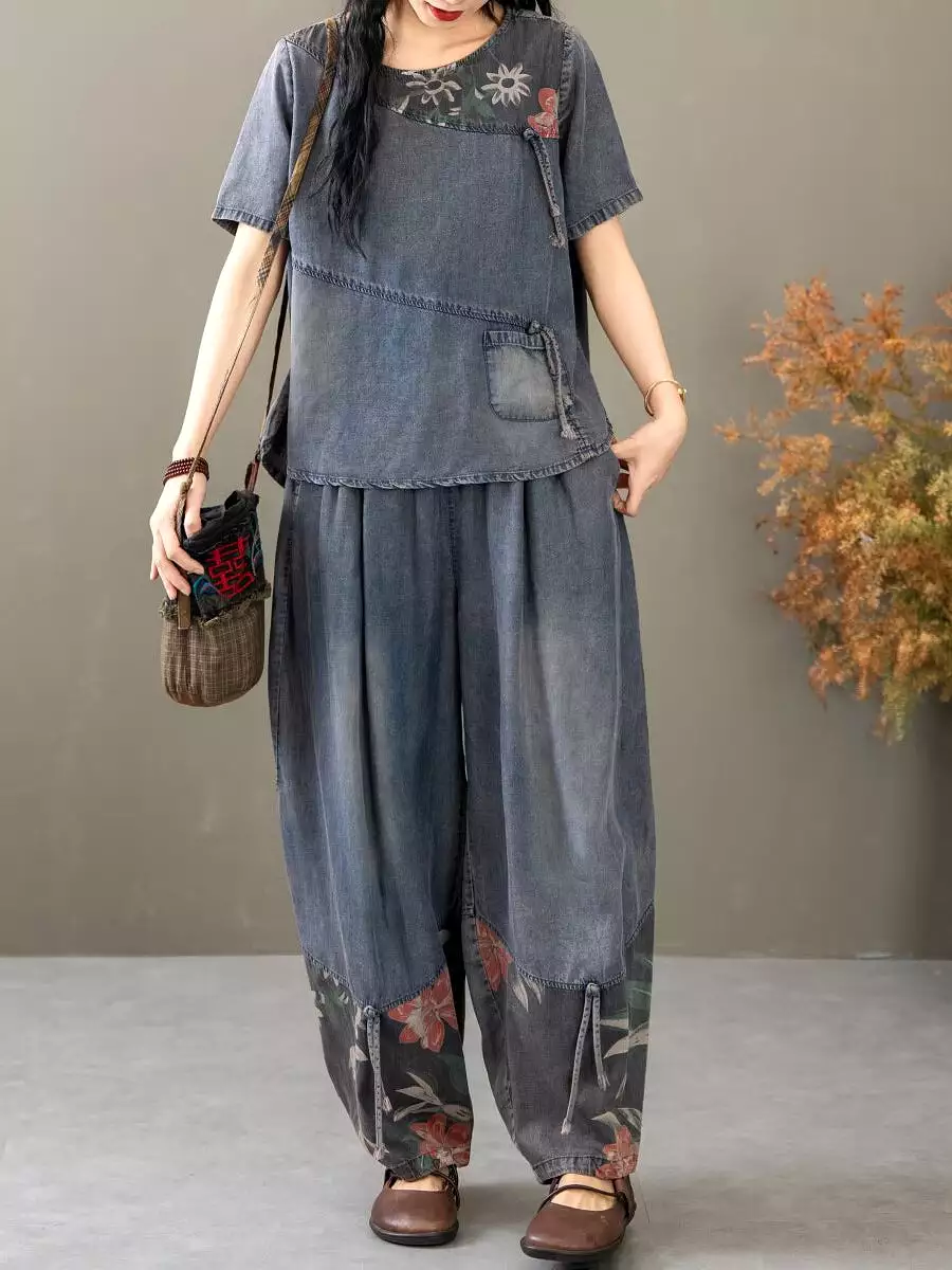 Women Summer Vintage Spliced Worn Shirt+Pants PA1021