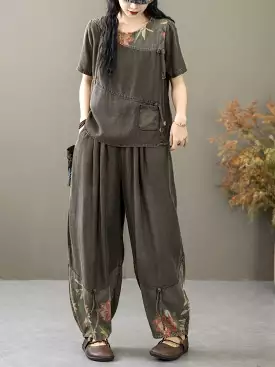 Women Summer Vintage Spliced Worn Shirt+Pants PA1021