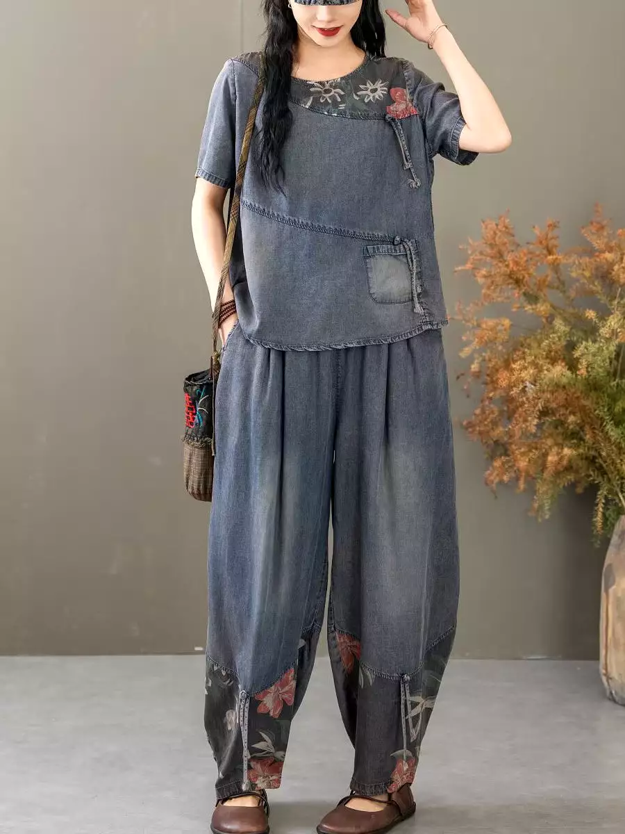 Women Summer Vintage Spliced Worn Shirt+Pants PA1021