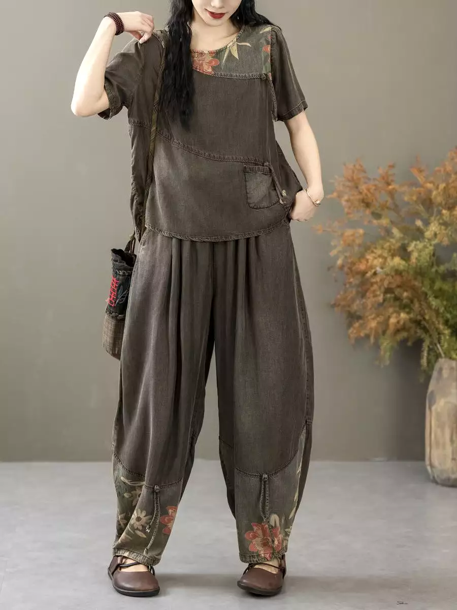 Women Summer Vintage Spliced Worn Shirt+Pants PA1021