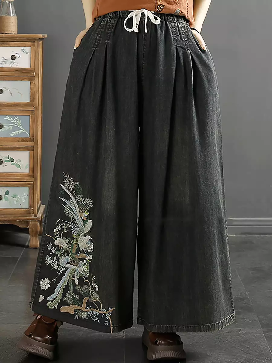 Women Vintage Ethnic Embroidery Wide-leg Denim Pants KL1008