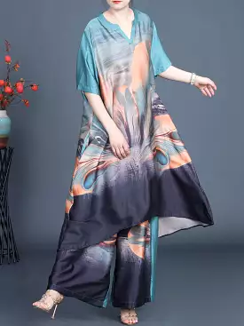 Women Vintage Irregular Flower Long Shirt+Pants PA1036