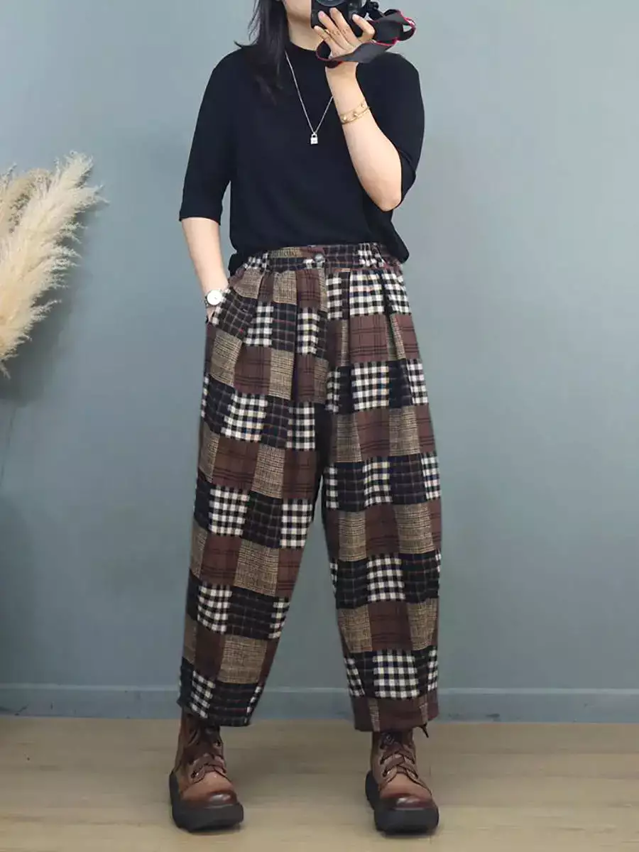 Women Vintage Plaid Harem Pants