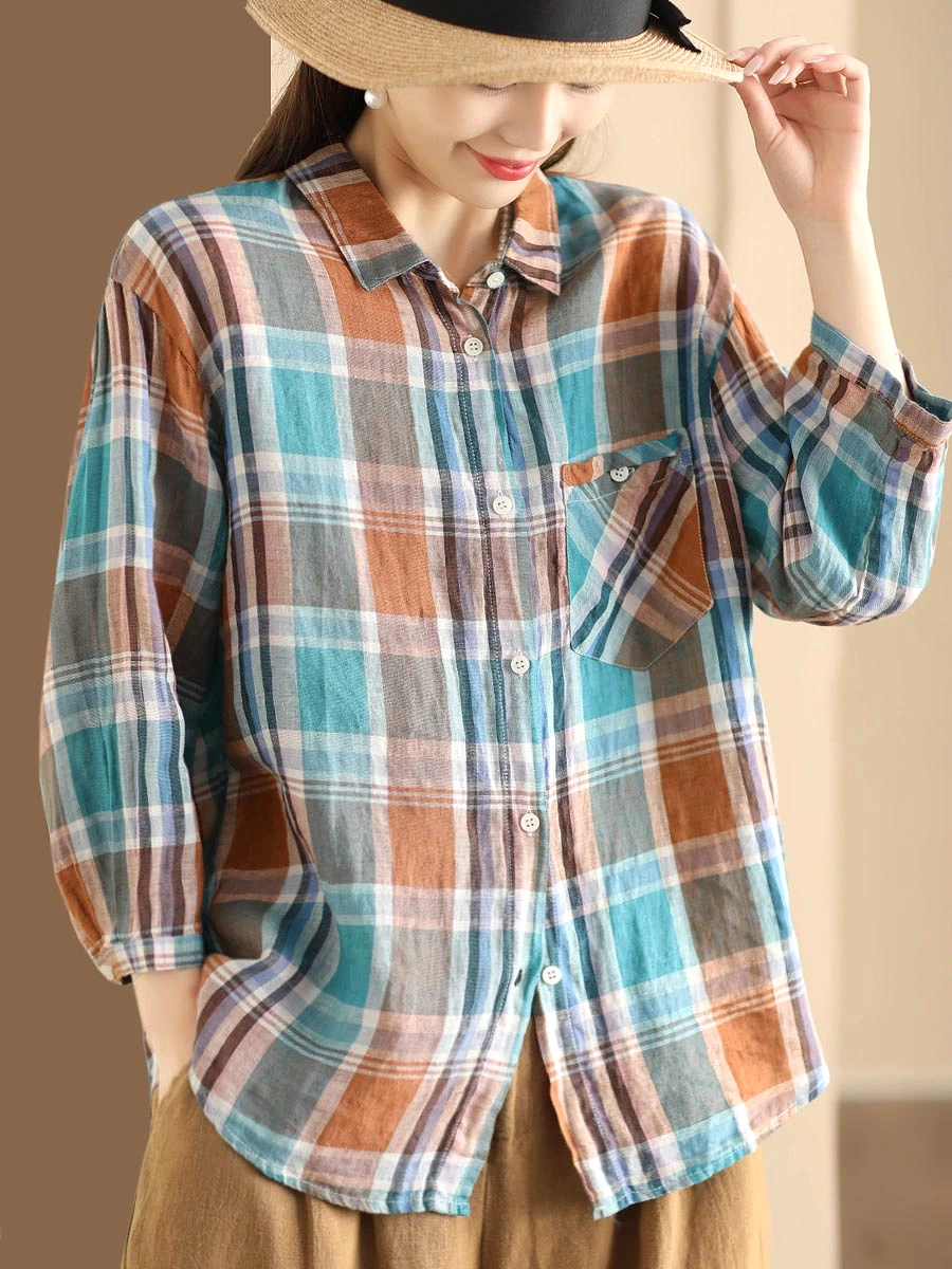 Women Vintage Plaid Summer Ramie Button-up Shirt SC1016