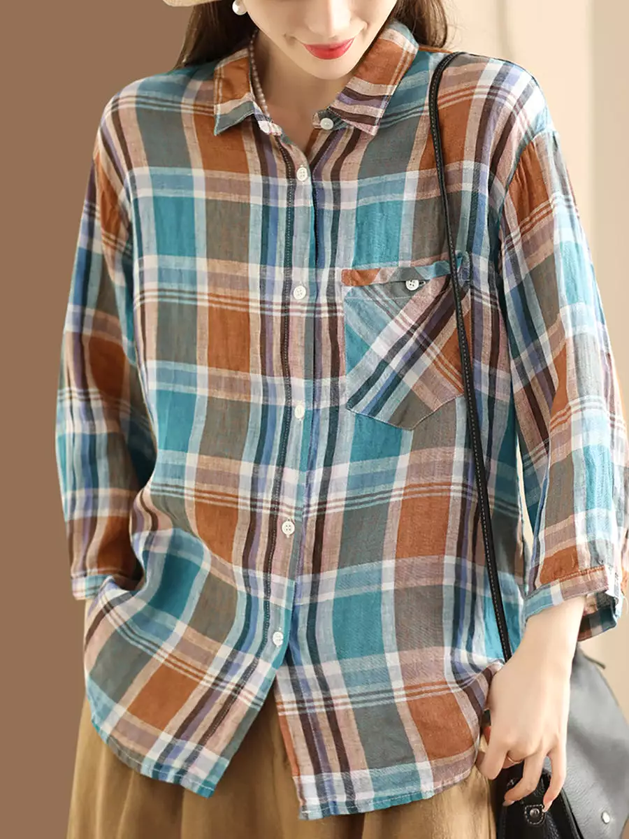 Women Vintage Plaid Summer Ramie Button-up Shirt SC1016