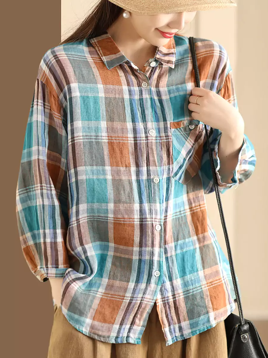 Women Vintage Plaid Summer Ramie Button-up Shirt SC1016