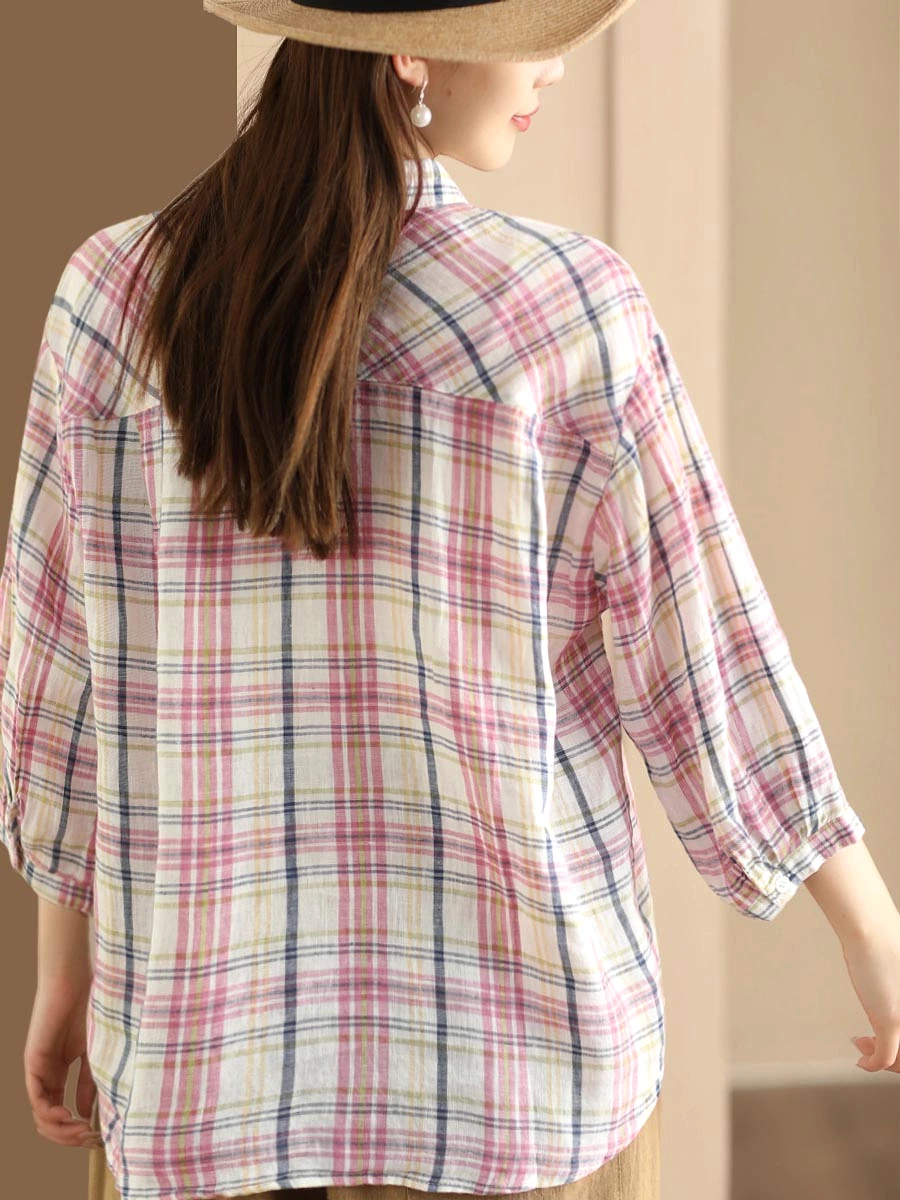 Women Vintage Plaid Summer Ramie Button-up Shirt SC1016