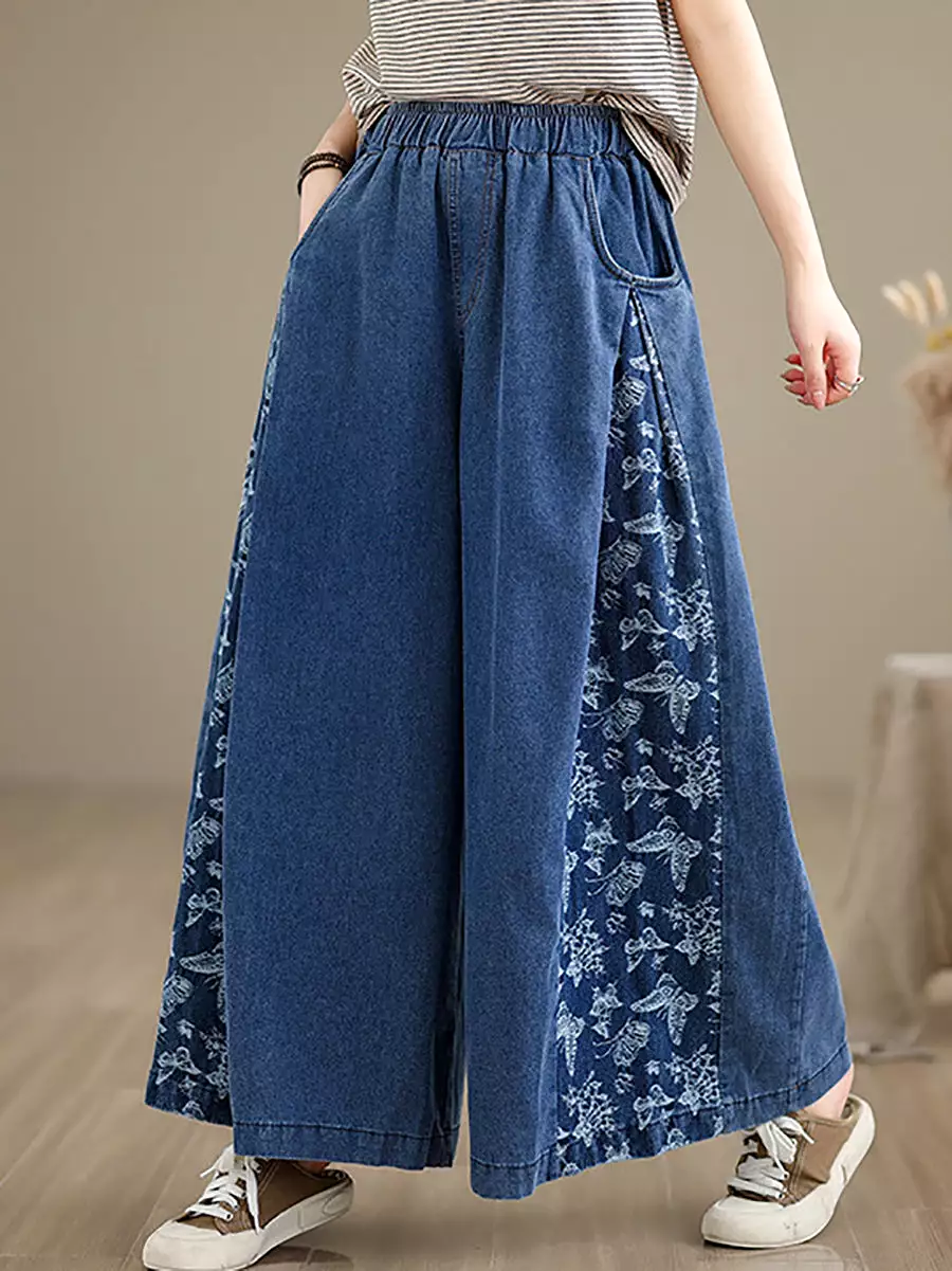 Women Vintage Summer Butterfly Spliced Wide-leg Denim Pants CO1030