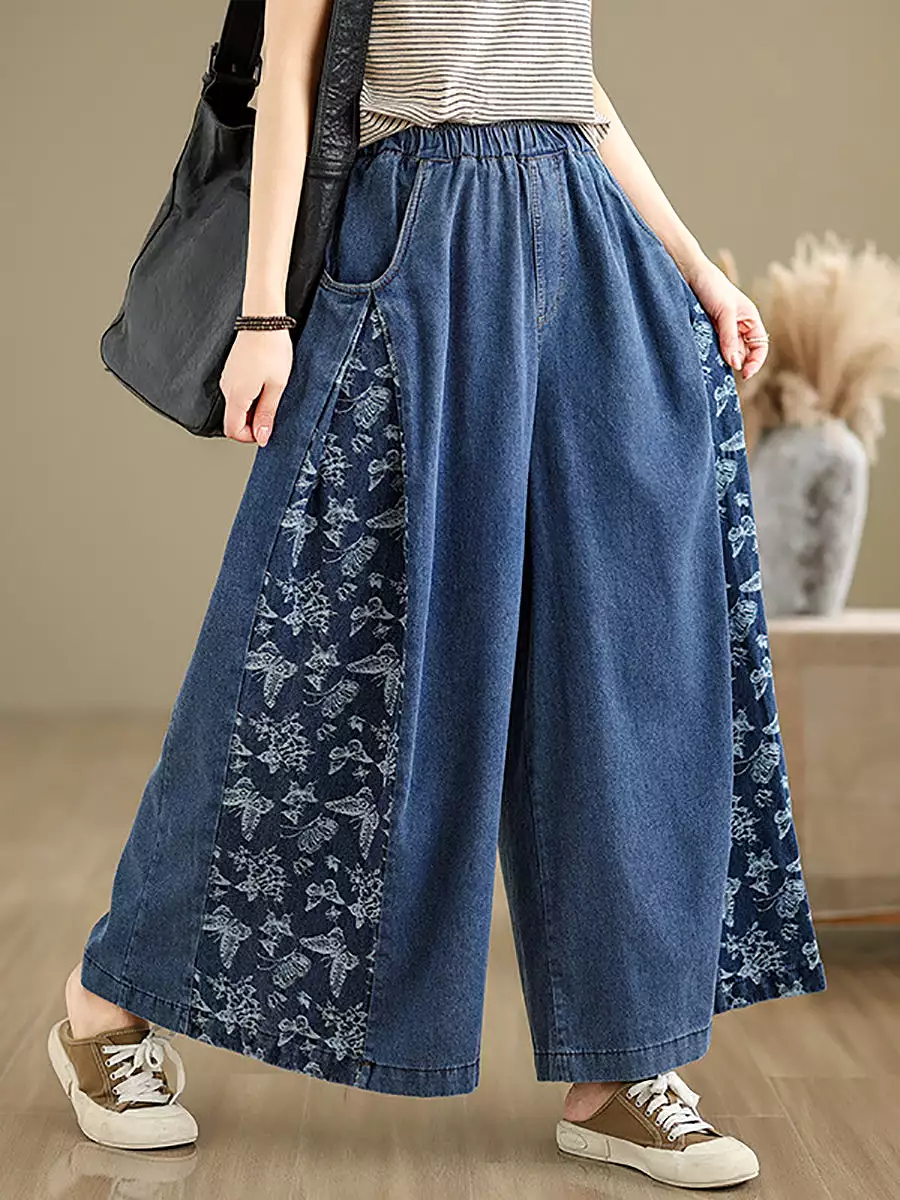 Women Vintage Summer Butterfly Spliced Wide-leg Denim Pants KL1037