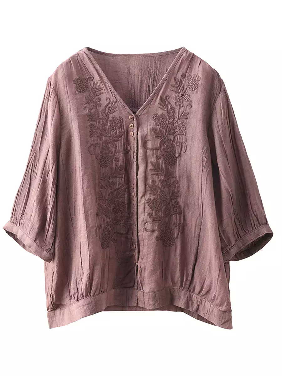 Women Vintage Summer Embroidery V-Neck Ramie Shirt PA1003