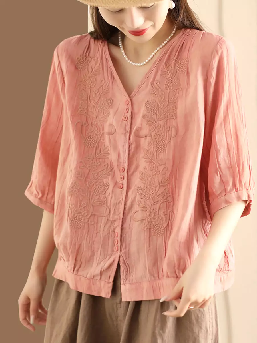 Women Vintage Summer Embroidery V-Neck Ramie Shirt PA1003