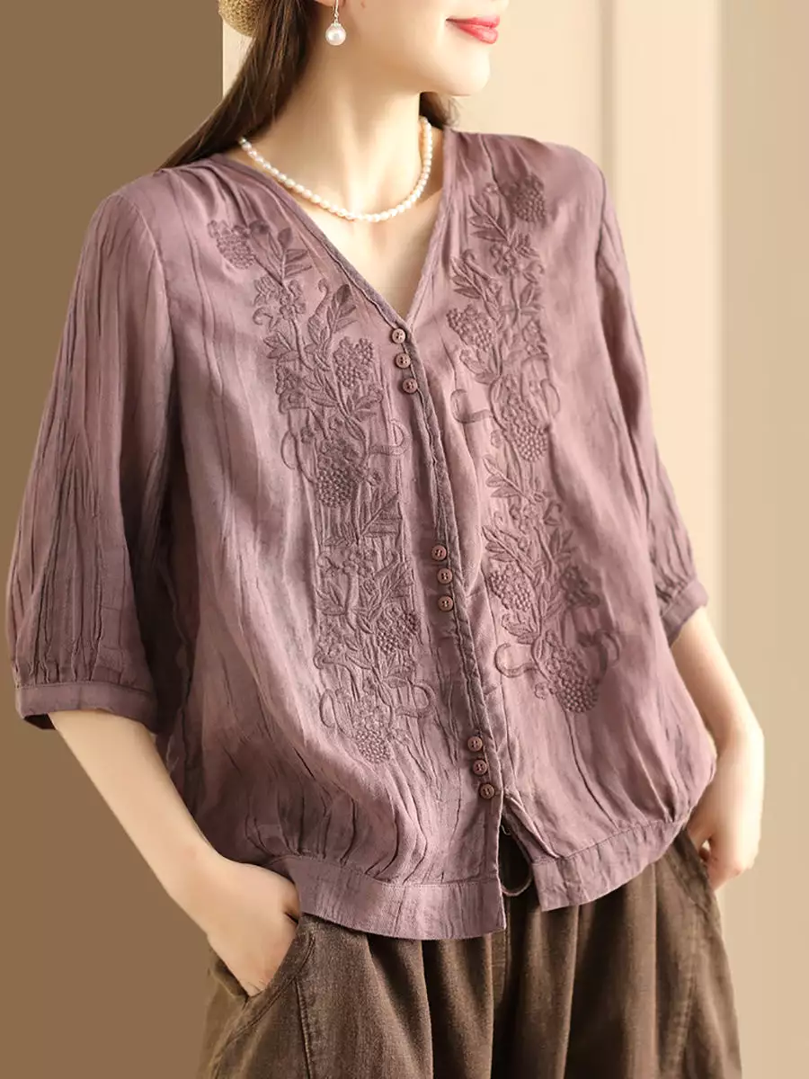 Women Vintage Summer Embroidery V-Neck Ramie Shirt PA1003