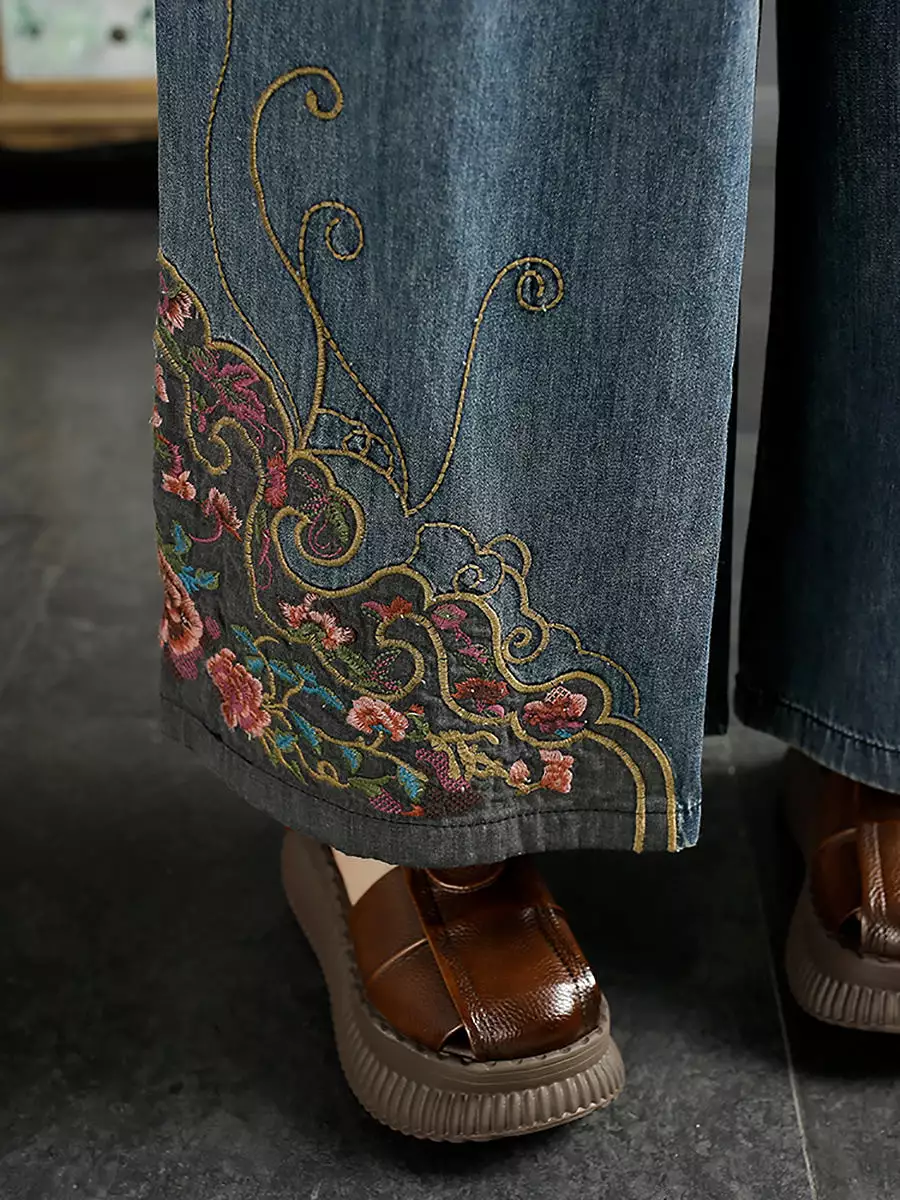 Women Vintage Summer Embroidery Wide-leg Denim Pants CO1050