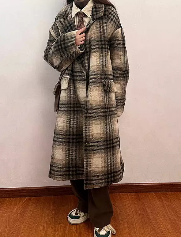 Womens plaid woolen cotton coat women's winter thickened lazy style coat knee-length cotton coat