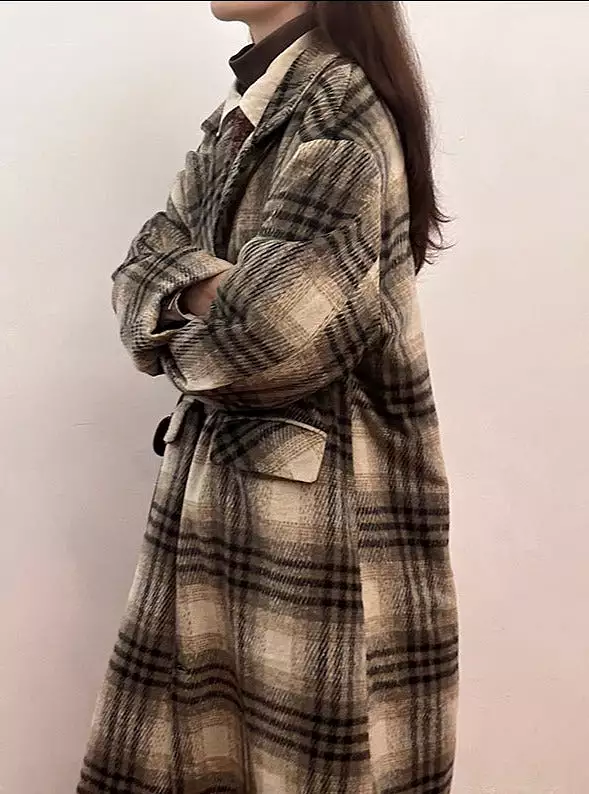 Womens plaid woolen cotton coat women's winter thickened lazy style coat knee-length cotton coat