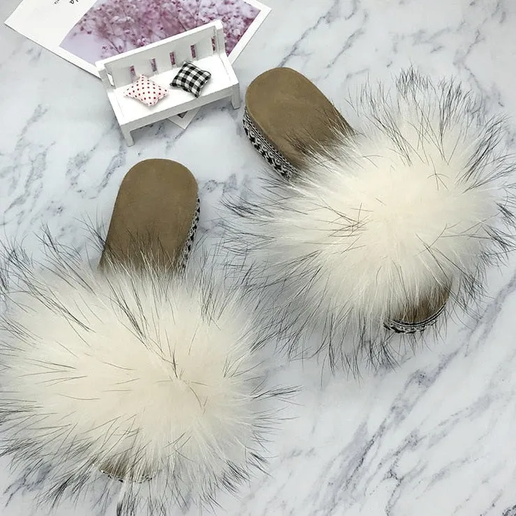 Women's Retro Summer Real Fluffy Fur Rivets Platform House Slippers