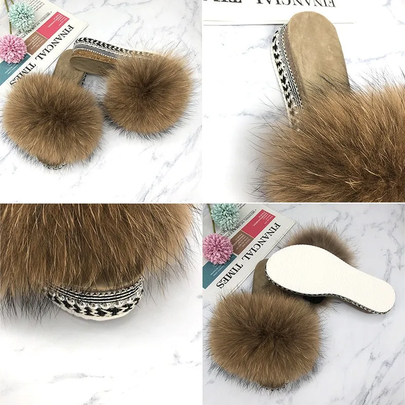 Women's Retro Summer Real Fluffy Fur Rivets Platform House Slippers