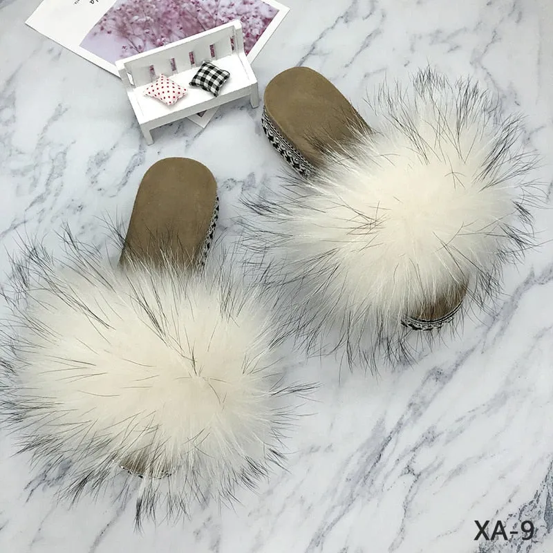 Women's Retro Summer Real Fluffy Fur Rivets Platform House Slippers