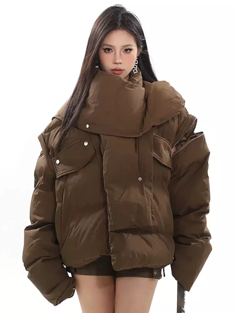 Women's Scarf Collar Down Jacket Loose Versatile Detachable Sleeve Cotton Padded Coat Autumn 2023 New 5R7943