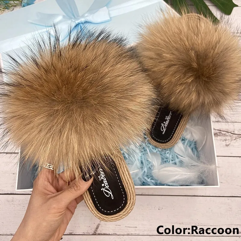 Women's Sexy Raccoon Real Fur Synthetic Straw Flat Flip-Flop Slippers