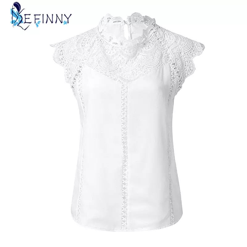 Women's Sleeveless Blouse Lace Patchwork Solid Shirt Black/White