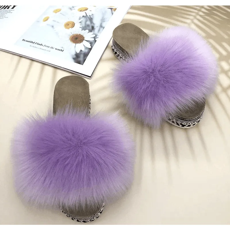 Women's Summer Taro Purple Synthetic Fur Rivet Platform House Slippers