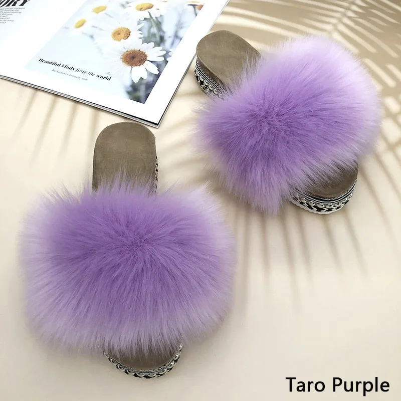 Women's Summer Taro Purple Synthetic Fur Rivet Platform House Slippers