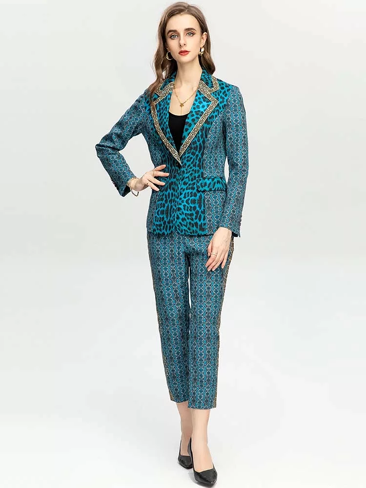 Women's Vintage Blue Leopard Jacket Coat + High waist Pants 2 Piece Suit