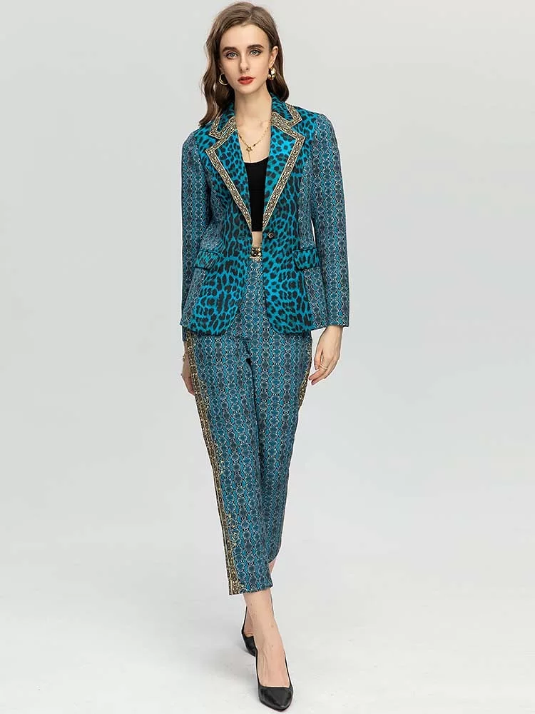 Women's Vintage Blue Leopard Jacket Coat + High waist Pants 2 Piece Suit