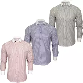 Xact Men's Long-Sleeved Striped Shirt with White Penny/Club Collar and White Cuffs