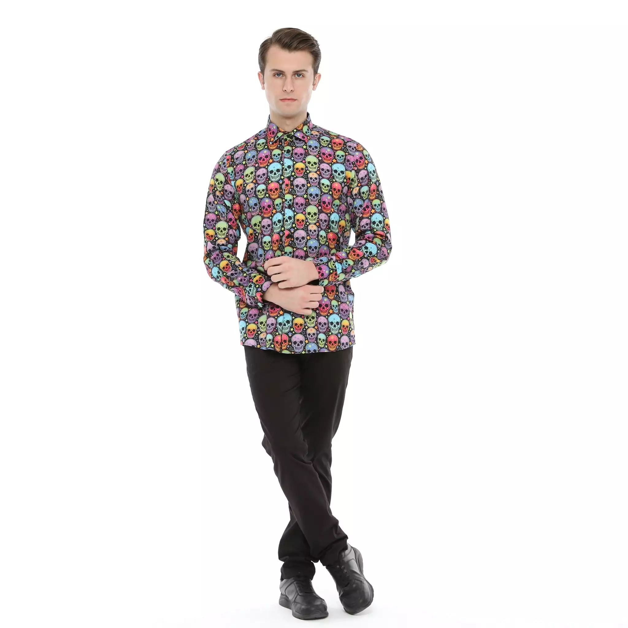 Xact Men's Neon Skulls & Stars Print Long Sleeved Shirt, Regular Fit