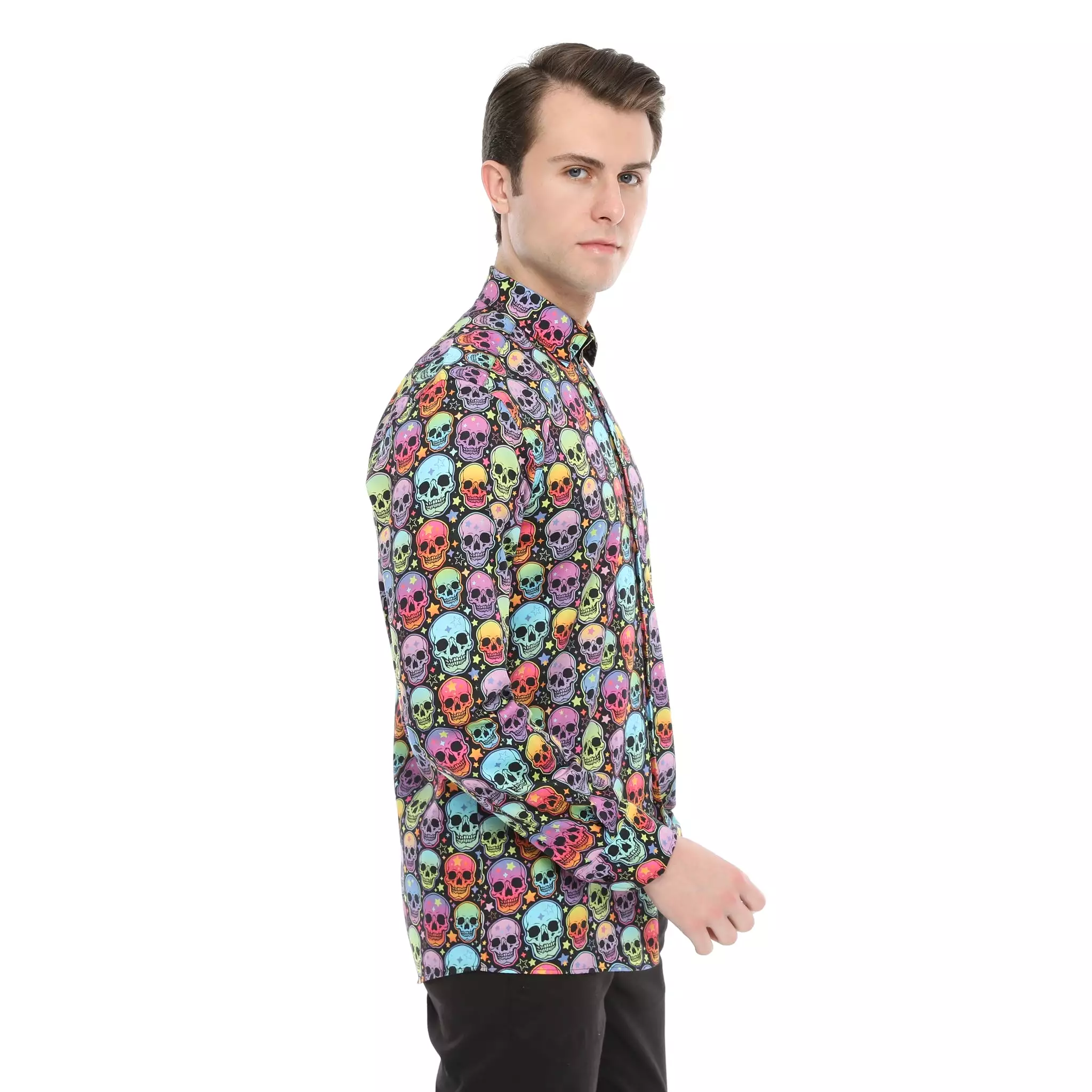 Xact Men's Neon Skulls & Stars Print Long Sleeved Shirt, Regular Fit